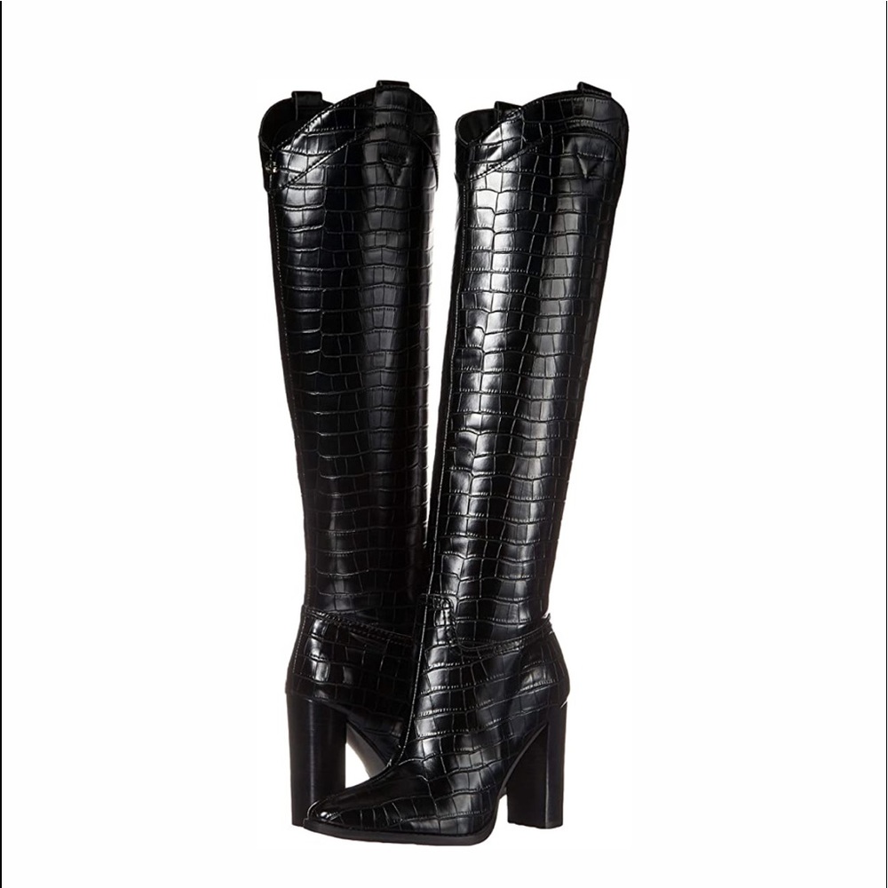 GUESS Knee high boots croc optic elegant cowboy boot style chunky block heel